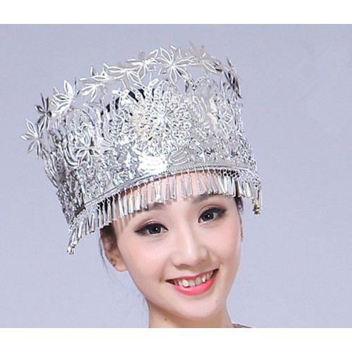 Women's chinese miao folk dance silver headdress hair accessories necklaces